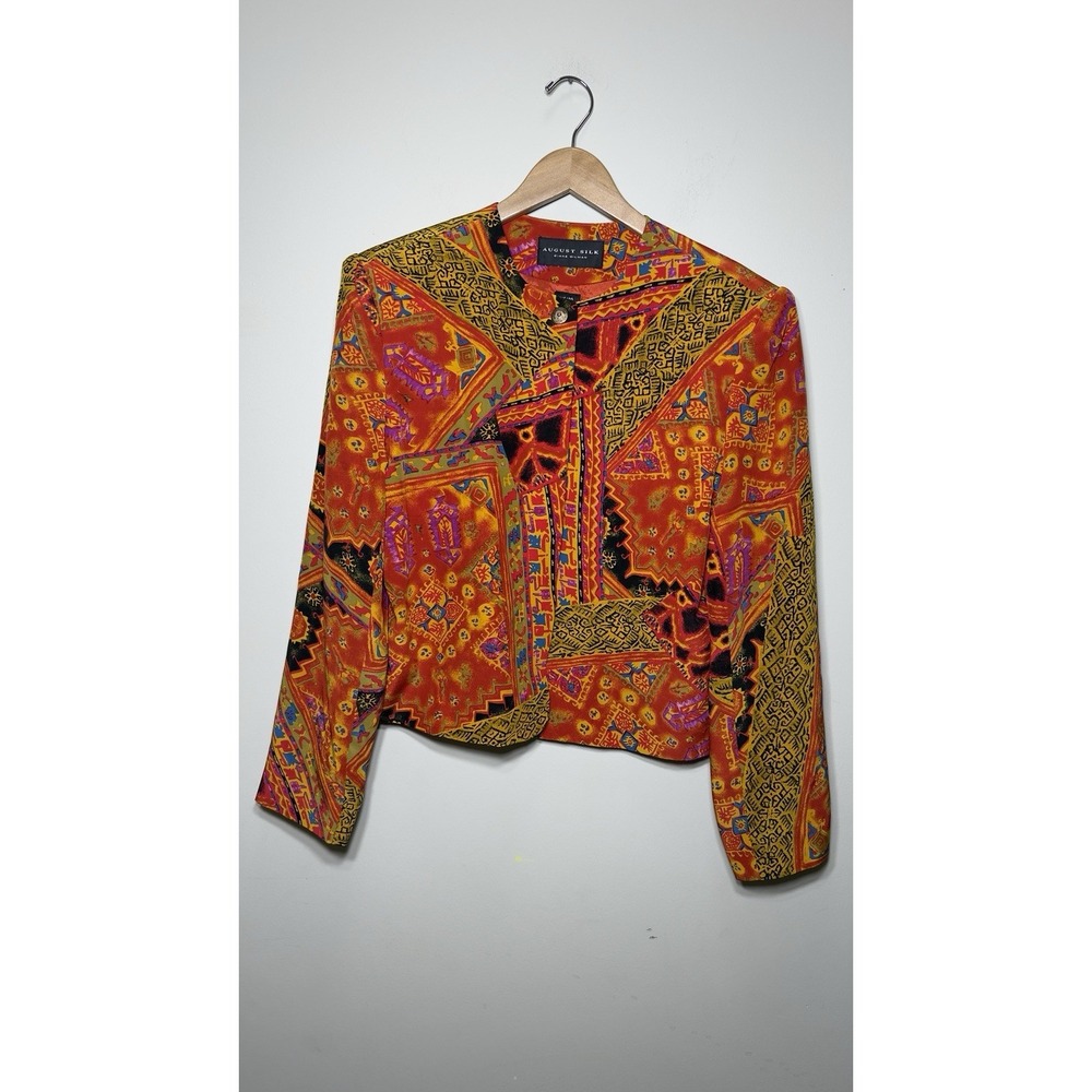 August Silk Diane Gilman Vintage Silk Jacket Size 10 Tribal Geometric Abstract